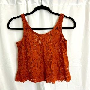 🟢3/$15 Vintage Y2K Orange Floral Lace Semi-Sheer Crop Top, Size S